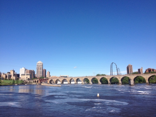 The Stone Arch Bridge and the Minneapolis skyline. 